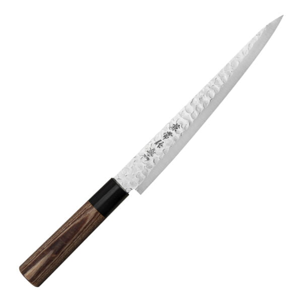 Kanetsune 950 DSR-1K6 Nóż Sujihiki 21 cm Kanetsune 950 DSR-1K6 Nóż Sujihiki 21 cm
Nóż kuchenny przeznaczony do porcjowania i plastrowania mięs, np. drobiu, pieczeni, szynki – po ugotowaniu lub upieczeniu produktu. Specjalistyczne, wydłużone ostrze, które jest znacznie węższe i cieńsze niż w zwykłych nożach, pozwala ciąć przez całą płaszczyznę dokładnie i płynnie, podczas gdy grubszy nóż często się klinuje i szarpie mięso.
Dane techniczne:
Ostrze - stal nierdzewna DSR-1K6Rękojeść - drewno pakkaTwardość - 58 HRC +/- 1Długość całkowita - 34,0 cmDługość ostrza - 21,0 cmSzerokość klingi - 3,2 cmGrubość klingi - 1,52 mmSposób ostrzenia - szlif dwustronny symetrycznyWaga - ok. 118 g