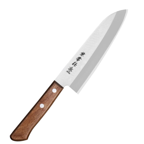 Kanetsune 510 Shiro-2/SS Nóż Santoku 16,5 cm Kanetsune 510 Shiro-2/SS Nóż Santoku 16,5 cm
Wszechstronny japoński nóż kuchenny, przeznaczony do krojenia warzyw, owoców, mięsa i ryb. Szeroka klinga ułatwia przenoszenie pokrojonych produktów do salaterki lub na patelnię i przydaje się też do rozgniatania czosnku. Santoku, który łączy w sobie funkcje noża szefa kuchni i japońskiego noża do warzyw Nakiri, ma wysoko umieszczoną rękojeść, która zapobiega uderzaniu kłykciami o deskę.
Dane techniczne:
Ostrze - stal rdzewna Shiro-2 okuty stalą nierdzewną SUS410Rękojeść - drewno pakkaTwardość - 61-64 HRCDługość całkowita - 29,5 cmDługość ostrza - 16,5 cmSzerokość klingi - 4,5 cmGrubość klingi - ok. 1,4 mmSposób ostrzenia - szlif dwustronny symetrycznyWaga - ok. 114 g