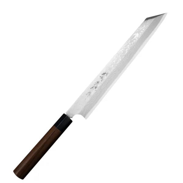 Hideo Kitaoka Shirogami Satin Nóż Kiritsuke 27cm Hideo Kitaoka Nóż kuchenny Shirogami Kiritsuke 27 cm
Japoński nóż kuchenny mistrza Hideo Kitaoka, noże Kiritsuke to profesjonalne japońskie noże ostrzone jednostronnie. Idealny wybór do przygotowywania sushi, filetowania ryb oraz warzyw i owoców. 
Dane techniczne:
Ostrze - stal 11 warstwowa rdzewna stal, rdzeń - #2 ShirogamiRękojeść - drewno różaneTwardość - 61-63 HRCDługość całkowita - 41,0 cmDługość ostrza - 27,0 cmSzerokość klingi - 3,6 cmGrubość klingi - 3,8 mmSposób ostrzenia - szlif jednostronny praworęcznyWaga - ok. 193 g