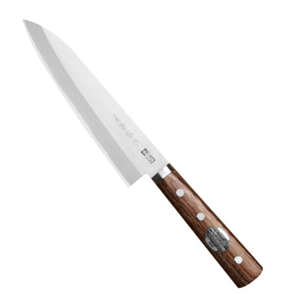 Kanetsune 2000 Shiro-2/SS Nóż Szefa kuchni 18 cm Kanetsune 2000 Shiro-2/SS Nóż Szefa kuchni 18 cm
Najbardziej wszechstronny nóż kuchenny, przeznaczony do cięcia, krojenia, szatkowania i plastrowania rozmaitych produktów. Nóż szefa kuchnijest wystarczająco długi, aby można było nim kroić naprawdę duże płaszczyzny, i odpowiednio wyprofilowany, aby zagwarantować użytkownikowi komfort i swobodę ruchów.
Dane techniczne:
Ostrze - stal rdzewna Shiro-2 okuty stalą nierdzewną SUS410Rękojeść - drewno pakkaTwardość - 61-64 HRCDługość całkowita - 30,5 cmDługość ostrza - 18 cmSzerokość klingi - 4,2 cmGrubość klingi - 1,58 mmSposób ostrzenia - szlif dwustronny symetrycznyWaga - ok. 156 g