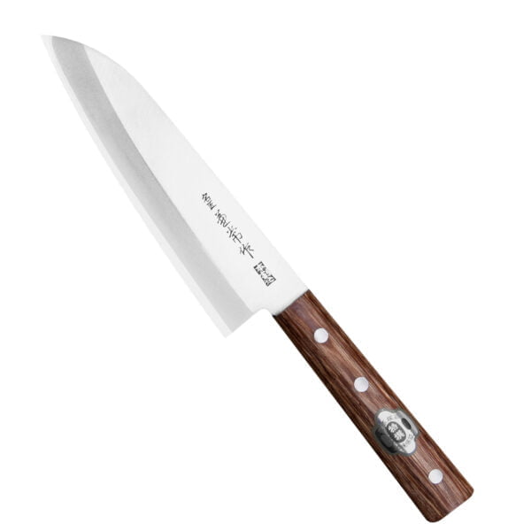 Kanetsune 1000 Shiro-2/SS Nóż Santoku 16,5cm Kanetsune 1000 Shiro-2/SS Nóż Santoku 16,5cm
Wszechstronny japoński nóż kuchenny, przeznaczony do krojenia warzyw, owoców, mięsa i ryb. Szeroka klinga ułatwia przenoszenie pokrojonych produktów do salaterki lub na patelnię i przydaje się też do rozgniatania czosnku. Santoku, który łączy w sobie funkcje noża szefa kuchni i japońskiego noża do warzyw Nakiri, ma wysoko umieszczoną rękojeść, która zapobiega uderzaniu kłykciami o deskę.
Dane techniczne:
Ostrze - stal rdzewna Shiro-2 okuty stalą nierdzewną SUS410Rękojeść - drewno pakkaTwardość - 61-64 HRCDługość całkowita - 29 cmDługość ostrza - 16,5 cmSzerokość klingi - 4,5 cmGrubość klingi - ok. 1,5 mmSposób ostrzenia - szlif dwustronny symetrycznyWaga - ok. 146 g