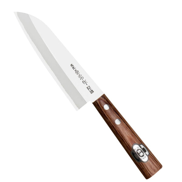 Kanetsune 1000 Shiro-2/SS Nóż Mini Santoku 14cm Kanetsune 1000 Shiro-2/SS Nóż Mini Santoku 14cm
Wszechstronny japoński nóż kuchenny, przeznaczony do krojenia warzyw, owoców, mięsa i ryb. Szeroka klinga ułatwia przenoszenie pokrojonych produktów do salaterki lub na patelnię i przydaje się też do rozgniatania czosnku. Santoku, który łączy w sobie funkcje noża szefa kuchni i japońskiego noża do warzyw Nakiri, ma wysoko umieszczoną rękojeść, która zapobiega uderzaniu kłykciami o deskę.
Dane techniczne:
Ostrze - stal rdzewna Shiro-2 okuty stalą nierdzewną SUS410Rękojeść - drewno pakkaTwardość - 61-64 HRCDługość całkowita - 25,5 cmDługość ostrza - 14,0 cmSzerokość klingi - 4,0 cmGrubość klingi - ok. 1,2 mmSposób ostrzenia - szlif dwustronny symetrycznyWaga - ok. 151 g