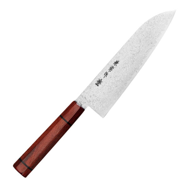 Kanetsune Minamo-kaze Nóż Santoku 18 cm Kanetsune Minamo-kaze Nóż Santoku 18 cm
Wielofunkcyjny japoński nóż kuchenny, przeznaczony do krojenia warzyw, mięsa i ryb. Posiada obniżony czubek, który znacznie ułatwia szatkowanie, oraz szerokie ostrze, na które można zgarnąć pokrojone produkty, żeby je przenieść np. do sałatki. Doskonale się sprawdza w każdych warunkach pracy, ponieważ dzięki wysoko położonej rękojeści palce nie dotykają deski ani jedzenia.
Dane techniczne:
Ostrze - stal nierdzewna ZA-18Rękojeść - czerwone drewno pakkaTwardość - 60-61 HRCDługość całkowita - 32,5 cmDługość ostrza - 18,0 cmSzerokość klingi - 4,7 cmGrubość klingi - 1,6 mmSposób ostrzenia - szlif dwustronny symetrycznyWaga - ok. 140 g