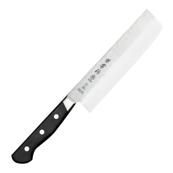 Kanetsune YH-3000 Aogami#2/SS Nóż Nakiri 16,5 cm Kanetsune YH-3000 Aogami#2/SS Nóż Nakiri 16,5 cm
Japoński nóż przeznaczony do cięcia ziół i warzyw. Cienka, prostokątna klinga pozwala uzyskać półprzezroczyste plastry, a także przenieść pokrojone składniki do salaterki lub na patelnię. Prosta krawędź tnąca służy do krojenia przede wszystkim w linii pionowej, z zastosowaniem wielu różnych technik, takich jak julienne czy chiffonade. 
Dane techniczne:
Ostrze - laminat 3 warstwowy rdzeń ze stali rdzewnej Aogami#2 okuty stalą nierdzewnąRękojeść - drewno pakkaTwardość - 63 HRC +/- 1Długość całkowita - 29,5 cmDługość ostrza - 16,5 cmSzerokość klingi - 4,5 cmGrubość klingi - 1,7 mmSposób ostrzenia - szlif dwustronny symetrycznyWaga - ok. 169 g 