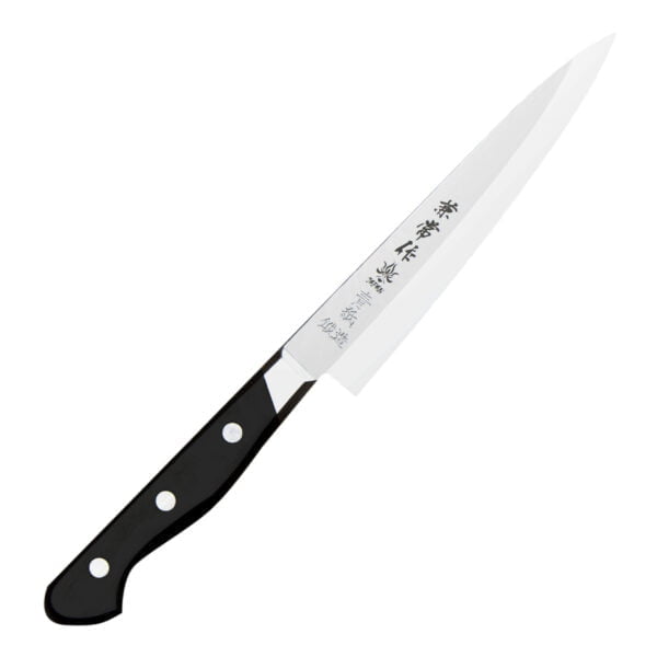 Kanetsune YH-3000 Aogami#2/SS Nóż uniwersalny 13,5 cm Kanetsune YH-3000 Aogami#2/SS Nóż uniwersalny 13,5 cm
Wszechstronny nóż kuchenny, przeznaczony do pracy z produktami małej i średniej wielkości, takich jak rzodkiewka czy cytryna. Doskonale się sprawdza podczas cięcia marchewki w kostkę, krojenia oliwek lub małego pieczywa. Tradycyjna rękojeść w stylu japońskim jest bardzo lekka i świetnie dopasowana do kształtu dłoni.
Dane techniczne:
Ostrze - laminat 3 warstwowy rdzeń ze stali rdzewnej Aogami#2 okuty stalą nierdzewnąRękojeść - drewno pakkaTwardość - 63 HRC +/- 1Długość całkowita - 24,0 cmDługość ostrza - 13,5 cmSzerokość klingi - 2,6 cmGrubość klingi - 1,6 mmSposób ostrzenia - szlif dwustronny symetrycznyWaga - ok. 77 g 