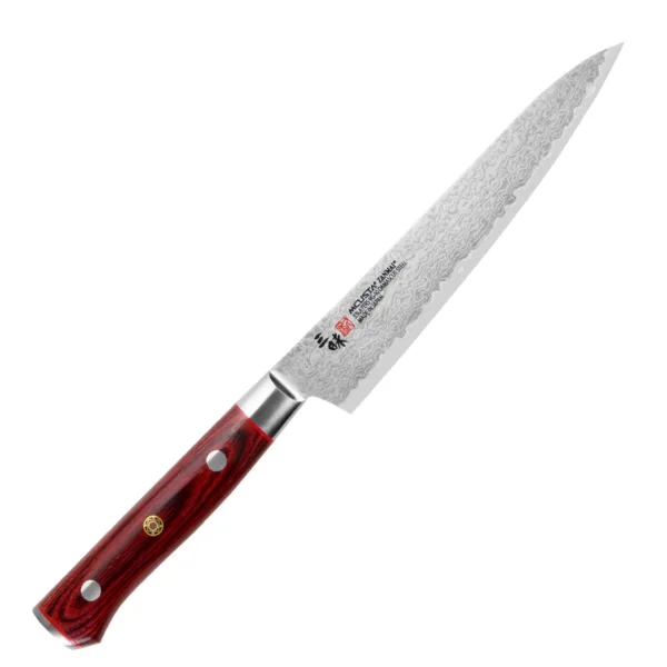 Mcusta Zanmai VG-10 Pro Flame Nóż uniwersalny 15cm Mcusta Zanmai Pro Flame Nóż uniwersalny 15cm
Wszechstronny nóż przeznaczony do krojenia i obierania warzyw lub owoców, a także do usuwania z nich pestek czy gniazd. Krótkie, cienkie ostrze zostało w tym modelu delikatnie poszerzone, aby zwiększyć komfort pracy.
Dane techniczne:
Ostrze - 33 warstwowa stal Rdzeń VG-10Rękojeść - czerwone laminowane pakka woodTwardość - 61 HRC +/- 1Długość całkowita - 26,8 cmDługość ostrza - 15,0 cmSzerokość klingi - 2,9 cmGrubość klingi - 1,6 mmSposób ostrzenia - szlif dwustronny symetrycznyWaga - ok. 85 g