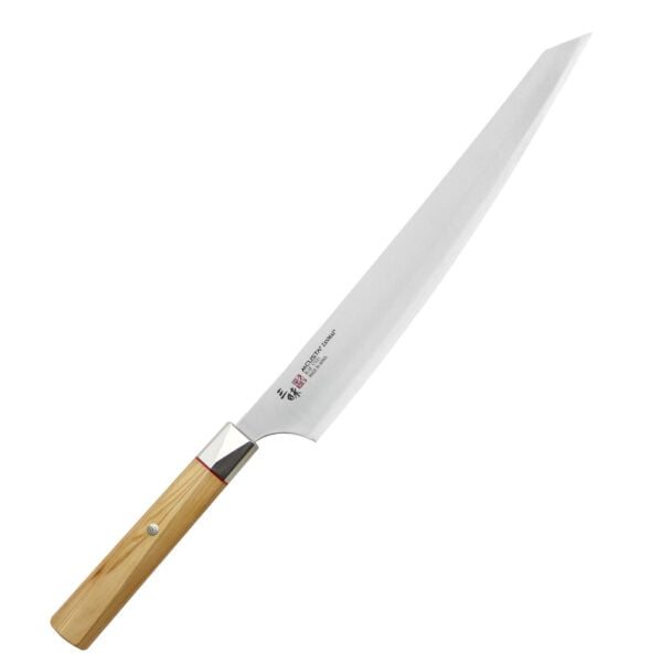 Mcusta Zanmai Beyond Aogami Super Nóż Sujihiki 27cm Mcusta Zanmai Beyond Aogami Super Nóż Sujihiki 27cm
Nóż kuchenny przeznaczony do porcjowania i plastrowania mięs, np. drobiu, pieczeni, szynki – po ugotowaniu lub upieczeniu produktu. Specjalistyczne, wydłużone ostrze, które jest znacznie węższe i cieńsze niż w zwykłych nożach, pozwala ciąć przez całą płaszczyznę dokładnie i płynnie, podczas gdy grubszy nóż często się klinuje i szarpie mięso.
Dane techniczne:
Ostrze -  laminat 3 warstwowy - rdzeń ze stali węglowej Aogami Super okuty stalą nierdzewnąRękojeść - skręcona ośmiokątna drewno hinokiTwardość - 63-65 HRCDługość całkowita - 43,0 cmDługość ostrza -  27,0 cmSzerokość klingi - 4,0 cmGrubość klingi - 1,7 mmSposób ostrzenia - szlif dwustronny symetrycznyWaga - ok. 180 g