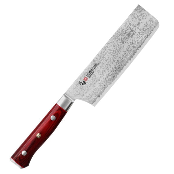 Mcusta Zanmai VG-10 Pro Flame Nóż Nakiri 16,5cm Mcusta Zanmai VG-10 Pro Flame Nóż Nakiri 16,5cm
Specjalistyczny japoński nóż przeznaczony do cięcia ziół i warzyw. Dzięki prostokątnej klindze można szybko przenieść pokrojone składniki do salaterki lub na patelnię. Doświadczony kucharz za pomocą cienkiego noża Nakiri potrafi uzyskać ozdobne, półprzezroczyste plastry (metoda katsura-muki). Prosta krawędź tnąca służy do krojenia w linii pionowej i pozwala zastosować wiele różnych technik, takich jak julienne czy chiffonade.
Dane techniczne:
Ostrze - 33 warstwowa stal Rdzeń VG-10Rękojeść - czerwone laminowane pakka woodTwardość - 61 HRC +/- 1Długość całkowita - 30,2 cmDługość ostrza - 16,5 cmSzerokość klingi - 4,9 cmGrubość klingi - 1,6 mmSposób ostrzenia - szlif dwustronny symetrycznyWaga - ok. 187 g