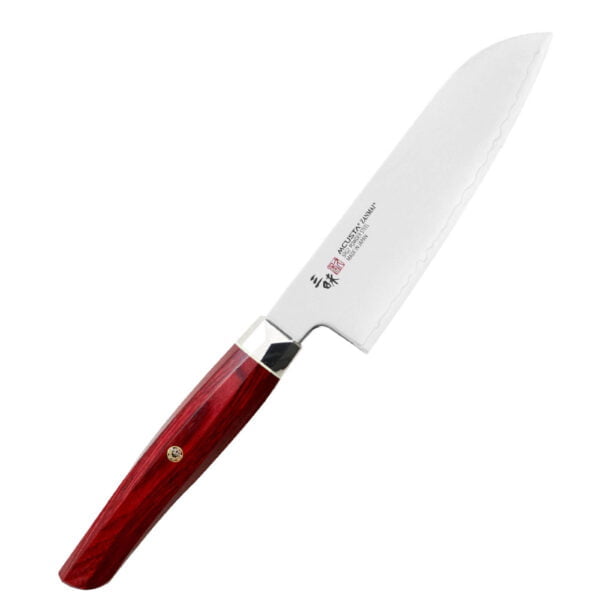 Mcusta Zanmai Red Revolution SPG2 Nóż Ko-Santoku 15cm Mcusta Zanmai Red Revolution SPG2 Nóż Ko-Santoku 15cm
To doskonałe narzędzie do pracy z warzywami o owocami, jak również sprawdzi się w pracy z mięsem i rybą. Szeroka klinga jest idealna do przenoszenia pokrojonych produktów, jak również np. do rozgniatania czosnku. w.
Dane techniczne:
Ostrze - szybkotnąca stal proszkowa SPG2Rękojeść - pakka woodTwardość - 61 HRC +/- 1Długość całkowita - 30,0 cmDługość ostrza - 15,0 cmSzerokość klingi - 4,3 cmGrubość klingi - 2,0 mmSposób ostrzenia - szlif dwustronny symetrycznyWaga - ok. 147 g