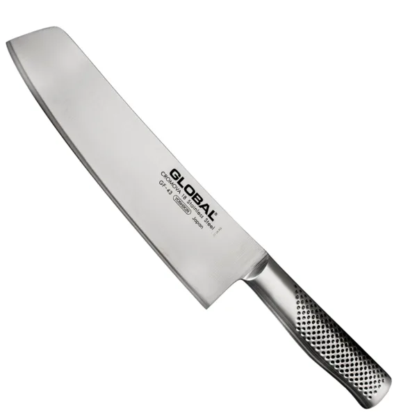 Europejski nóż do warzyw 20cm | Global GF-43 Profesjonalny nóż kuchenny do warzyw 20cm | Global GF-43
Stosunkowo ciężki, specjalistyczny nóż kuchenny, przeznaczony do krojenia i siekania różnych rodzajów warzyw. Szerokość japońskiego noża Nakiri pozwala kroić duże produkty płynnym ruchem i szybko je przenosić do salaterki lub na patelnię. Cienka, prostokątna klinga jest szczególnie przydatna przy krojeniu twardych warzyw, jak marchewka czy rzodkiew japońska, w długie plastry.
Dane techniczne:
Ostrze – Stal nierdzewna CROMOVA 18Rękojeść - stalowa wypełniona piaskiemTwardość – 56-58 HRCDługość całkowita – 33,6 cmDługość ostrza – 20 cmSzerokość klingi – 5,4 cmGrubość klingi – 3,2 mmSposób ostrzenia - szlif dwustronny symetrycznyWaga – ok. 280 g
Noże kuchenne Global słyną z łączenia fenomenalnej skuteczności z eleganckim designem. Są lekkie i doskonale wyważone, a ich cienkie, twarde i wytrzymałe klingi zachowują idealną ostrość przez długi czas. Dzięki jednolitej konstrukcji noże są higieniczne, lepiej leżą w dłoni i łatwiej jest je wyczyścić czy naostrzyć. Indywidualnie wyważana rękojeść została tak skonstruowana, by redukować zmęczenie i nie wyślizgiwać się z rąk. Noże Global, zaprojektowane w 1985 r. przez Komina Yamadę, zdobyły wiele międzynarodowych nagród i cieszą się niesłabnącym uznaniem największych mistrzów kuchni – zarówno profesjonalistów, jak i kuchmistrzów domowych.