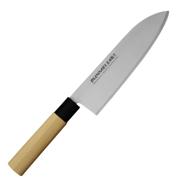 Bunmei Nóż Santoku 18cm Bunmei Nóż Santoku 18 cm
Japoński nóż kuchenny o wszechstronnym zastosowaniu, przeznaczony głównie do mięsa, warzyw i ryb. Ponieważ posiada cienkie ostrze, znakomicie się też sprawdzi przy krojeniu chleba, plastrowaniu owoców czy siekaniu ziół. Duża klinga ułatwia przenoszenie pokrojonych produktów do salaterki lub na patelnię.
Dane techniczne:
Ostrze - stal nierdzewna molibdenowo-wanadowaRękojeść - drewno magnolioweTwardość - 56-57 HRCDługość całkowita - 31,8 cmDługość ostrza - 18 cmSzerokość klingi - 4,9 cmGrubość klingi - 2,9 mmSposób ostrzenia - szlif dwustronny symetrycznyWaga - ok. 132 g