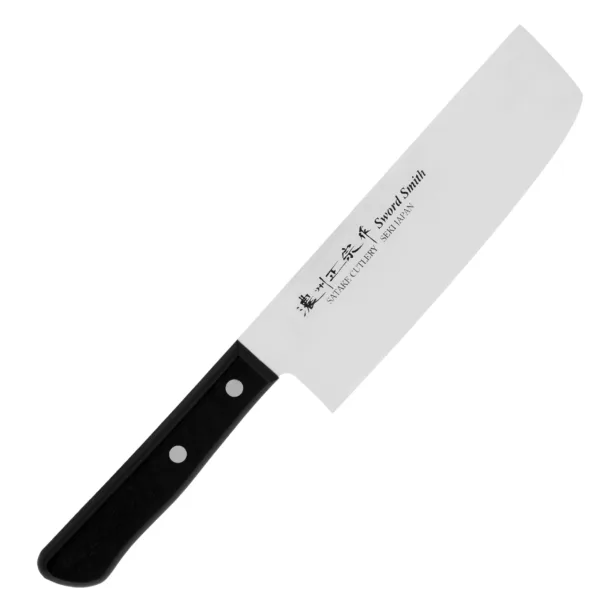 Satake MV Pakka Nóż Nakiri 16 cm MV Pakka Satake Nóż Nakiri 16 cm
pecjalistyczny japoński nóż przeznaczony do cięcia ziół i warzyw. Dzięki prostokątnej klindze można szybko przenieść pokrojone składniki do salaterki lub na patelnię. Doświadczony kucharz za pomocą cienkiego noża Nakiri potrafi uzyskać ozdobne, półprzezroczyste plastry (metoda katsura-muki). Prosta krawędź tnąca służy do krojenia w linii pionowej i pozwala zastosować wiele różnych technik, takich jak julienne czy chiffonade.
Dane techniczne:
Ostrze - stal molibdenowo-wanadowaRękojeść - drewno naturalne pakaTwardość - 56-58 HRCDługość całkowita - 28,5 cmDługość ostrza - 16 cmSzerokość klingi - 4,8 cmGrubość klingi - 1,6 mmSposób ostrzenia - szlif dwustronny symetrycznyWaga - ok. 124 g