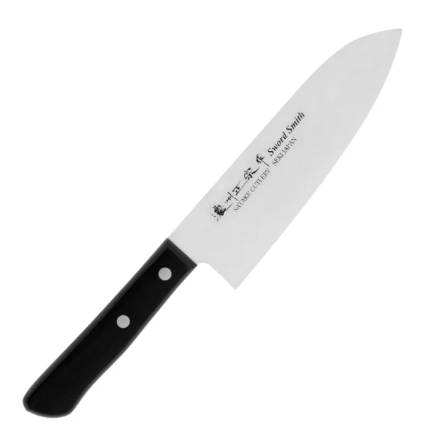 Satake MV Pakka Nóż Santoku 17 cm MV Pakka Satake Nóż Santoku 17 cm
Wszechstronny japoński nóż kuchenny, przeznaczony do krojenia warzyw, owoców, mięsa i ryb. Szeroka klinga ułatwia przenoszenie pokrojonych produktów do salaterki lub na patelnię i przydaje się też do rozgniatania czosnku. Wysoko umieszczona rękojeść zapobiega uderzaniu kłykciami o deskę. Dzięki sporym gabarytom nóż doskonale się nadaje do krojenia dużych owoców i warzyw, takich jak arbuz, cukinia czy kapusta.
Dane techniczne:
Ostrze - stal molibdenowo-wanadowaRękojeść - drewno naturalne pakaTwardość - 56-58 HRCDługość całkowita - 28,5 cmDługość ostrza - 17 cmSzerokość klingi - 4,6 cmGrubość klingi - 1,6 mmSposób ostrzenia - szlif dwustronny symetrycznyWaga - ok. 108 g