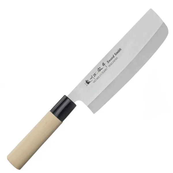 Satake MV Natural Nóż Nakiri 16 cm Satake MV Natural Nóż Nakiri 16 cm
Specjalistyczny japoński nóż przeznaczony do cięcia ziół i warzyw. Dzięki prostokątnej klindze można szybko przenieść pokrojone składniki do salaterki lub na patelnię. Doświadczony kucharz za pomocą cienkiego noża Nakiri potrafi uzyskać ozdobne, półprzezroczyste plastry (metoda katsura-muki). Prosta krawędź tnąca służy do krojenia w linii pionowej i pozwala zastosować wiele różnych technik, takich jak julienne czy chiffonade.
Dane techniczne:
Ostrze - stal molibdenowo-wanadowaRękojeść - drewno naturalneTwardość - 56-58 HRCDługość całkowita - 30,0 cmDługość ostrza - 16 cmSzerokość klingi - 4,8 cmGrubość klingi - 1,6 mmSposób ostrzenia - szlif dwustronny symetrycznyWaga - ok. 132 g