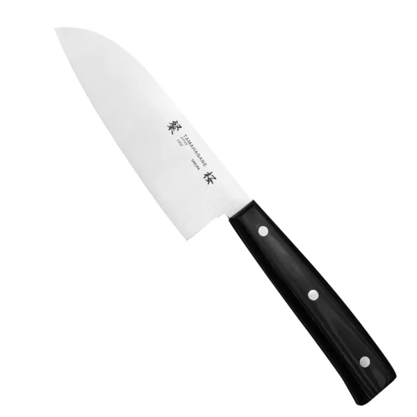 Tamahagane Sakura AUS-6A Nóż Santoku 12cm Tamahagane Sakura AUS-6A Nóż Santoku 12 cm
Japoński nóż o wszechstronnym zastosowaniu, przeznaczony głównie do mięsa, warzyw i ryb. Ponieważ posiada cienkie ostrze,znakomicie się też sprawdzi przy krojeniu chleba, plastrowaniu owoców czy siekaniu ziół. Duża klinga ułatwia przenoszenie pokrojonych produktów do salaterki lub na patelnię.
Dane techniczne:
Ostrze - stal AUS-6ARękojeść - czarna micartaTwardość - 58 HRC +/- 1Długość całkowita - 23,9 cmDługość ostrza - 12,0 cmSzerokość klingi - 3,9 cmGrubość klingi - 1,5 mmSposób ostrzenia - szlif dwustronny symetrycznyWaga - ok. 105 g