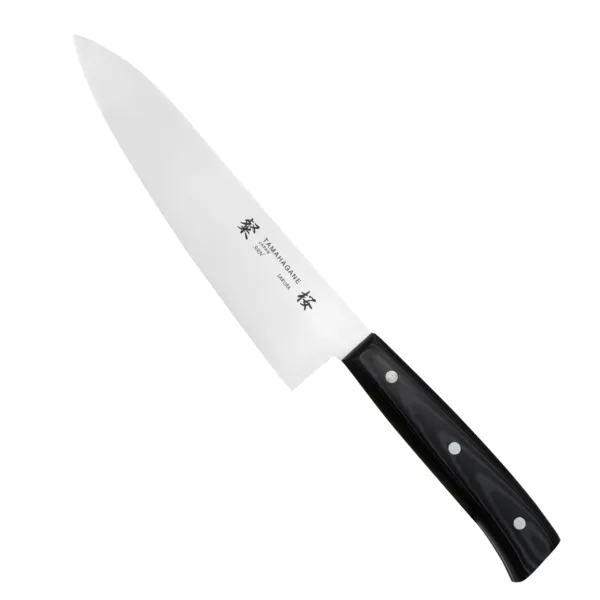 Tamahagane Sakura AUS-6A Nóż Szefa 18cm Tamahagane Sakura AUS-6A Nóż Szefa 18 cm
Najbardziej wszechstronny nóż kuchenny, przeznaczony do cięcia, krojenia, szatkowania i plastrowania rozmaitych produktów. Nóż szefa kuchni jest wystarczająco długi, aby można było nim kroić naprawdę duże płaszczyzny, i odpowiednio wyprofilowany, aby zagwarantować użytkownikowi komfort i swobodę ruchów.
Dane techniczne:
Ostrze - stal AUS-6ARękojeść - czarna micartaTwardość - 58 HRC +/- 1Długość całkowita - 29,9 cmDługość ostrza - 18,0 cmSzerokość klingi - 4,2 cmGrubość klingi - 1,8 mmSposób ostrzenia - szlif dwustronny symetrycznyWaga - ok. 151 g