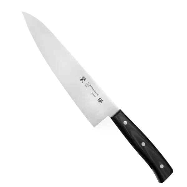 Tamahagane Sakura AUS-6A Nóż Szefa 21cm Tamahagane Sakura AUS-6A Nóż Szefa 21 cm
Najbardziej wszechstronny nóż kuchenny, przeznaczony do cięcia, krojenia, szatkowania i plastrowania rozmaitych produktów. Nóż szefa kuchni jest wystarczająco długi, aby można było nim kroić naprawdę duże płaszczyzny, i odpowiednio wyprofilowany, aby zagwarantować użytkownikowi komfort i swobodę ruchów.
Dane techniczne:
Ostrze - stal AUS-6ARękojeść - czarna micartaTwardość - 58 HRC +/- 1Długość całkowita - 32,0 cmDługość ostrza - 21,0 cmSzerokość klingi - 4,5 cmGrubość klingi - 1,8 mmSposób ostrzenia - szlif dwustronny symetrycznyWaga - ok. 162 g