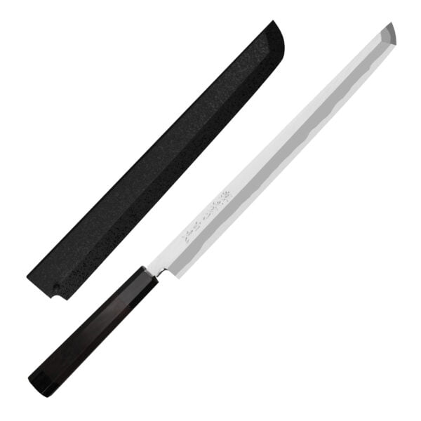 Sakai Takayuki Byakko Shirogami#1 Nóż Sakimaru 30 cm Sakai Takayuki Byakko Shirogami#1 Nóż Sakimaru 30 cm
Nóż Sakimaru to tradycyjny japoński nóż kuchenny o ostrzu w kształcie skrzydła. Jego nazwa pochodzi od słowa "saki", które oznacza szpic, i "maru", co oznacza okrągły. Ostrze jest szerokie u podstawy i stopniowo zwęża się do końca, tworząc szpiczaste zakończenie. Ten nóż jest zwykle używany do krojenia mięsa i ryb oraz do wykonywania precyzyjnych cięć, a jego długi i zwężający się kształt umożliwia łatwe i płynne cięcie przez składniki.
Dane techniczne:
Ostrze - rdzewna stal Shirogami#1 okuta żelazemRękojeść - drewno hebanowe, pierścień róg bawoliTwardość - 61-62 HRCDługość całkowita - 46,0 cmDługość ostrza - 30,0 cmSzerokość klingi - 3,0 cmGrubość klingi - 4,0 mmSposób ostrzenia - szlif jednostronny praworęcznyWaga - ok. 231 g
