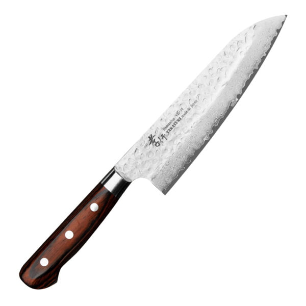 Sakai Takayuki Hammered VG-10 Nóż Santoku 18 cm Sakai Takayuki Hammered VG-10 Nóż Santoku 18 cm
Wielofunkcyjny japoński nóż kuchenny, przeznaczony do krojenia warzyw, mięsa i ryb. Posiada obniżony czubek, który znacznie ułatwia szatkowanie, oraz szerokie ostrze, na które można zgarnąć pokrojone produkty, żeby je przenieść np. do sałatki. Doskonale się sprawdza w każdych warunkach pracy, ponieważ dzięki wysoko położonej rękojeści palce nie dotykają deski ani jedzenia.
Dane techniczne:
Ostrze - rdzeń nierdzewna stal VG-10 okuta 33 warstwami stali nierdzewnejRękojeść - drewno hiszpański mahoń Twardość - 60-61 HRCDługość całkowita - 31,0 cmDługość ostrza - 18,0 cmSzerokość klingi - 4,7 cmGrubość klingi - 1.8 mmSposób ostrzenia - szlif dwustronny symetrycznyWaga - ok. 166 g