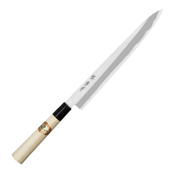 Sakai Takayuki Kasumi Shirogami#3 Nóż Yanagiba 24 cm Sakai Takayuki Kasumi Shirogami#3 Nóż Yanagiba 24 cm
Nóż do sashimi (Yanagi) to tradycyjny japoński nóż, który służy do krojenia świeżych filetów na niemal przezroczyste plastry. Znakomicie się sprawdza podczas przygotowywania sushi, rybnego carpaccio oraz innych potraw z bardzo delikatnych składników. Długie, wąskie i sztywne ostrze zapewnia drobiazgową precyzję, a jednostronny szlif – czyste cięcie. Nożem Yanagi najlepiej wykonywać jednostajny ruch w jednym kierunku: do siebie.
Dane techniczne:
Ostrze - rdzeń rdzewna stal Shirogami#3Rękojeść - drewno magnoliaTwardość - 62-63 HRCDługość całkowita - 38,5 cmDługość ostrza - 24,0 cmSzerokość klingi - 3,5 cmGrubość klingi - 4,1 mmSposób ostrzenia - szlif jednostronny praworęcznyWaga - ok. 158 g