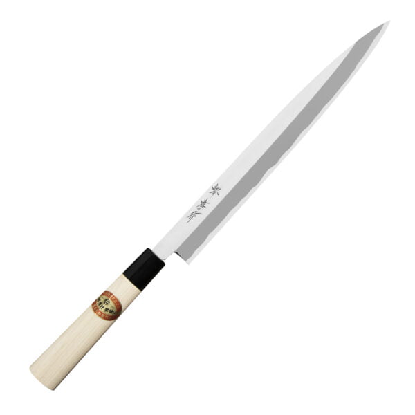 Sakai Takayuki Kasumi Shirogami#3 Nóż Yanagiba 27 cm Sakai Takayuki Kasumi Shirogami#3 Nóż Yanagiba 27 cm
Nóż do sashimi (Yanagi) to tradycyjny japoński nóż, który służy do krojenia świeżych filetów na niemal przezroczyste plastry. Znakomicie się sprawdza podczas przygotowywania sushi, rybnego carpaccio oraz innych potraw z bardzo delikatnych składników. Długie, wąskie i sztywne ostrze zapewnia drobiazgową precyzję, a jednostronny szlif – czyste cięcie. Nożem Yanagi najlepiej wykonywać jednostajny ruch w jednym kierunku: do siebie.
Dane techniczne:
Ostrze - rdzeń rdzewna stal Shirogami#3Rękojeść - drewno magnoliaTwardość - 62-63 HRCDługość całkowita - 42,5 cmDługość ostrza - 27,0 cmSzerokość klingi - 3,0 cmGrubość klingi - 3,9 mmSposób ostrzenia - szlif jednostronny praworęcznyWaga - ok. 197 g