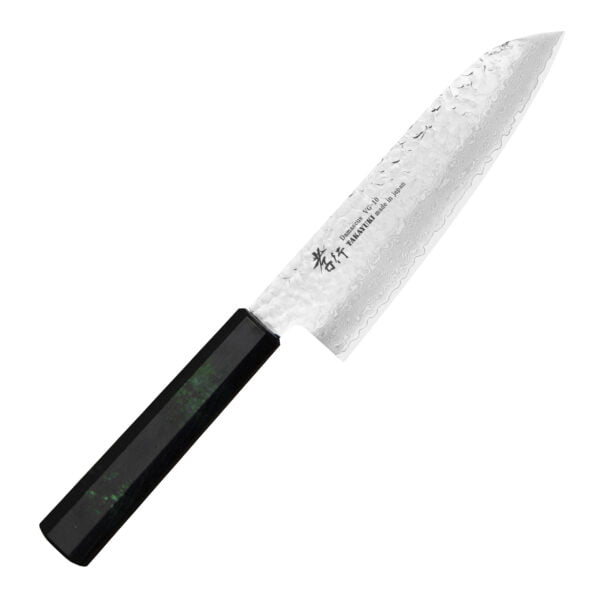 Sakai Takayuki Nanairo VG-10 Green Nóż Santoku 17 cm Sakai Takayuki Nanairo VG-10 Green Nóż Santoku 17 cm
Wielofunkcyjny japoński nóż kuchenny, przeznaczony do krojenia warzyw, mięsa i ryb. Posiada obniżony czubek, który znacznie ułatwia szatkowanie, oraz szerokie ostrze, na które można zgarnąć pokrojone produkty, żeby je przenieść np. do sałatki. Doskonale się sprawdza w każdych warunkach pracy, ponieważ dzięki wysoko położonej rękojeści palce nie dotykają deski ani jedzenia.
Dane techniczne:
Ostrze - nierdzewna stal VG-10 okuta warstwami stali nierdzewnejRękojeść - tworzywo absTwardość - 60-61 HRCDługość całkowita - 31,0 cmDługość ostrza - 17,0 cmSzerokość klingi - 5,0 cmGrubość klingi - 1,9 mmSposób ostrzenia - szlif dwustronny symetrycznyWaga - ok. 156 g