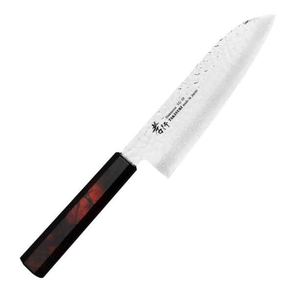 Sakai Takayuki Nanairo VG-10 Wine Nóż Santoku 17 cm Sakai Takayuki Nanairo VG-10 Wine Nóż Santoku 17 cm
Wielofunkcyjny japoński nóż kuchenny, przeznaczony do krojenia warzyw, mięsa i ryb. Posiada obniżony czubek, który znacznie ułatwia szatkowanie, oraz szerokie ostrze, na które można zgarnąć pokrojone produkty, żeby je przenieść np. do sałatki. Doskonale się sprawdza w każdych warunkach pracy, ponieważ dzięki wysoko położonej rękojeści palce nie dotykają deski ani jedzenia.
Dane techniczne:
Ostrze - nierdzewna stal VG-10 okuta warstwami stali nierdzewnejRękojeść - tworzywo absTwardość - 60-61 HRCDługość całkowita - 31,0 cmDługość ostrza - 17,0 cmSzerokość klingi - 5,0 cmGrubość klingi - 1,9 mmSposób ostrzenia - szlif dwustronny symetrycznyWaga - ok. 159 g