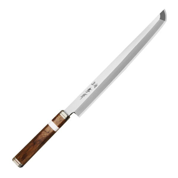 Sakai Takayuki Shiden Silver#3 Nóż Sakimaru 27 cm Sakai Takayuki Shiden Silver#3 Nóż Sakimaru 27 cm
Nóż Sakimaru to tradycyjny japoński nóż kuchenny o ostrzu w kształcie skrzydła. Jego nazwa pochodzi od słowa "saki", które oznacza szpic, i "maru", co oznacza okrągły. Ostrze jest szerokie u podstawy i stopniowo zwęża się do końca, tworząc szpiczaste zakończenie. Ten nóż jest zwykle używany do krojenia mięsa i ryb oraz do wykonywania precyzyjnych cięć, a jego długi i zwężający się kształt umożliwia łatwe i płynne cięcie przez składniki.
Dane techniczne:
Ostrze - rdzeń nierdzewna stal Silver#3Rękojeść - pustynne drewno żelazneTwardość - 60-61 HRCDługość całkowita - 42,5 cmDługość ostrza - 27,0 cmSzerokość klingi - 3,3 cmGrubość klingi - 3,1 mmSposób ostrzenia - szlif jednostronny praworęcznyWaga - ok. 248 g
