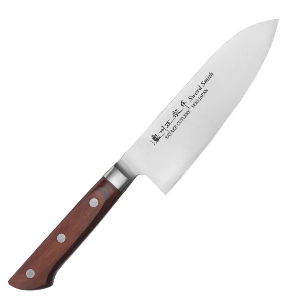 Satake Kotori Nóż Santoku 17cm Satake Kotori Nóż kuchenny Santoku 17 cm
Wszechstronny japoński nóż kuchenny, przeznaczony do krojenia warzyw, owoców, mięsa i ryb. Szeroka klinga ułatwia przenoszenie pokrojonych produktów do salaterki lub na patelnię i przydaje się też do rozgniatania czosnku. Wysoko umieszczona rękojeść zapobiega uderzaniu kłykciami o deskę. Dzięki sporym gabarytom nóż doskonale się nadaje do krojenia dużych owoców i warzyw, takich jak arbuz, cukinia czy kapusta.
Dane techniczne:
Ostrze - stal molibdenowo-wanadowaRękojeść - drewno pakkaTwardość - 56-58 HRCDługość całkowita - 30 cmDługość ostrza - 17 cmSzerokość klingi - 4,8 cmGrubość klingi - ok. 1.8 mmSposób ostrzenia - szlif dwustronny symetrycznyWaga - ok. 145 g
 