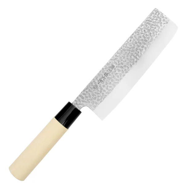 Satake Magoroku Saku Nóż Nakiri 17 cm Magoroku Saku Satake Nóż Nakiri 17 cm
Specjalistyczny japoński nóż przeznaczony do cięcia ziół i warzyw. Dzięki prostokątnej klindze można szybko przenieść pokrojone składniki do salaterki lub na patelnię. Doświadczony kucharz za pomocą cienkiego noża Nakiri potrafi uzyskać ozdobne, półprzezroczyste plastry (metoda katsura-muki). Prosta krawędź tnąca służy do krojenia w linii pionowej i pozwala zastosować wiele różnych technik, takich jak julienne czy chiffonade.
Dane techniczne:
Ostrze - stal molibdenowo-wanadowaRękojeść - drewno magnoliowe pierścień z tworzywaTwardość - 56-58 HRCDługość całkowita - 30,5 cmDługość ostrza - 17,0 cmSzerokość klingi - 5,0 cmGrubość klingi - 1,7 mmSposób ostrzenia - szlif dwustronny symetrycznyWaga - ok. 144 g