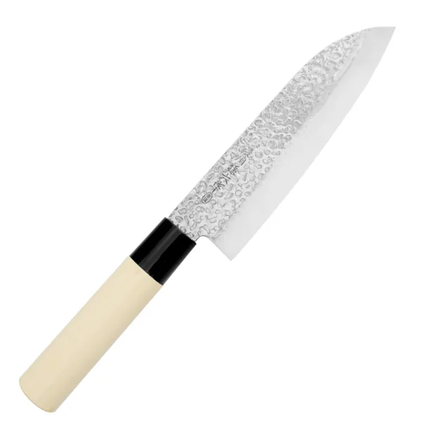 Satake Magoroku Saku Nóż Santoku 17 cm Magoroku Saku Satake Nóż Santoku 17 cm
Wszechstronny japoński nóż kuchenny, przeznaczony do krojenia warzyw, owoców, mięsa i ryb. Szeroka klinga ułatwia przenoszenie pokrojonych produktów do salaterki lub na patelnię i przydaje się też do rozgniatania czosnku. Wysoko umieszczona rękojeść zapobiega uderzaniu kłykciami o deskę. Dzięki sporym gabarytom nóż doskonale się nadaje do krojenia dużych owoców i warzyw, takich jak arbuz, cukinia czy kapusta.
Dane techniczne:
Ostrze - stal molibdenowo-wanadowaRękojeść - drewno magnoliowe pierścień z tworzywaTwardość - 56-58 HRCDługość całkowita - 29,6 cmDługość ostrza - 17,0 cmSzerokość klingi - 4,5 cmGrubość klingi - 1,5 mmSposób ostrzenia - dwustronnyWaga - ok. 103 g