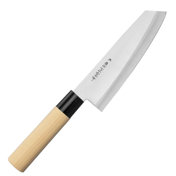 Satake Megumi Nóż Bunka Santoku 17 cm Satake Megumi Nóż Santoku Bunka 17 cm
Wszechstronny japoński nóż kuchenny, przeznaczony do krojenia warzyw, owoców, mięsa i ryb. Szeroka klinga ułatwia przenoszenie pokrojonych produktów do salaterki lub na patelnię i przydaje się też do rozgniatania czosnku. Wysoko umieszczona rękojeść zapobiega uderzaniu kłykciami o deskę. Dzięki sporym gabarytom nóż doskonale się nadaje do krojenia dużych owoców i warzyw, takich jak arbuz, cukinia czy kapusta.
Dane techniczne:
Ostrze - stal 420J2Rękojeść - drewno magnoliowe pierścień z tworzywaTwardość - 56 HRC +/- 1Długość całkowita - 29,7 cmDługość ostrza - 17 cmSzerokość klingi - 4,9 cmGrubość klingi - 1,5 mmSposób ostrzenia - szlif dwustronny symetrycznyWaga - ok. 117 g