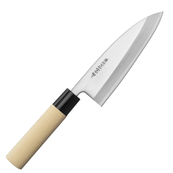 Satake Megumi 420J2 Nóż Deba 15,5cm Satake Megumi Nóż Deba 15,5 cm
Tradycyjny japoński nóż z grubą, zwężającą się klingą, który służy do odgławiania i filetowania ryb w taki sposób, żeby nie uszkodzić ich delikatnego mięsa. W Japonii bywa często używany do sprawiania mięsa drobiowego, ale nie jest klasycznym tasakiem i nie powinno się nim mocno uderzać. Aby przeciąć ość, wystarczy lekko nacisnąć grzbiet noża i wykonać szybkie, precyzyjne cięcie. Ostry czubek i krótkie ostrze ułatwiają kontrolę ruchów, co jest szczególnie ważne, gdy trzeba dostać się nożem do ciasnych miejsc.
Dane techniczne:
Ostrze - stal 420J2Rękojeść - drewno magnoliowe pierścień z tworzywaTwardość - 56 HRC +/- 1Długość całkowita - 29,2 cmDługość ostrza - 15,5 cmSzerokość klingi - 4,7 cmGrubość klingi - ok. 3 mmSposób ostrzenia - szlif jednostronny praworęcznyWaga - ok. 110 g