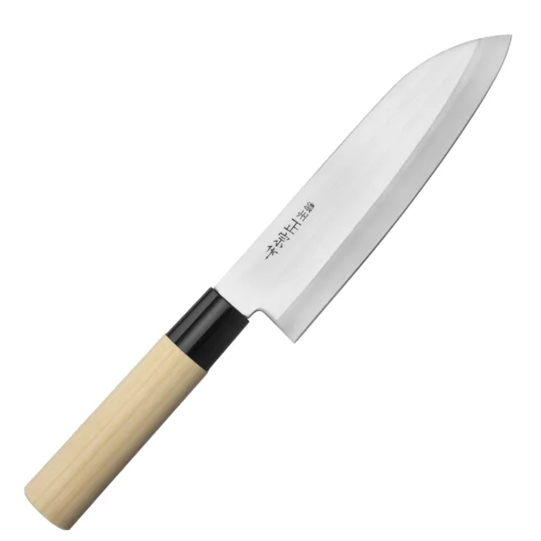 Satake Megumi 420J2 Nóż Santoku 17cm Satake Megumi Nóż Santoku 17 cm
Wszechstronny japoński nóż kuchenny, przeznaczony do krojenia warzyw, owoców, mięsa i ryb. Szeroka klinga ułatwia przenoszenie pokrojonych produktów do salaterki lub na patelnię i przydaje się też do rozgniatania czosnku. Wysoko umieszczona rękojeść zapobiega uderzaniu kłykciami o deskę. Dzięki sporym gabarytom nóż doskonale się nadaje do krojenia dużych owoców i warzyw, takich jak arbuz, cukinia czy kapusta.
Dane techniczne:
Ostrze - stal 420J2Rękojeść - drewno magnoliowe pierścień z tworzywaTwardość - 56 HRC +/- 1Długość całkowita - 30 cmDługość ostrza - 17 cmSzerokość klingi - 4,5 cmGrubość klingi - ok. 1,7 mmSposób ostrzenia - szlif dwustronny symetrycznyWaga - ok. 90 g