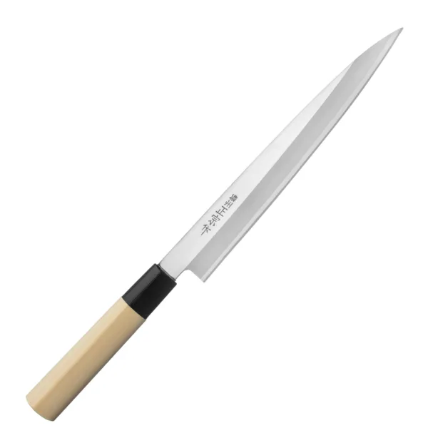 Satake Megumi 420J2 Nóż Yanagi-Sashimi 21cm Satake Megumi Nóż Yanagi-Sashimi 21 cm
Nóż do sashimi (Yanagi) to tradycyjny japoński nóż, który służy do krojenia świeżych filetów na niemal przezroczyste plastry. Znakomicie się sprawdza podczas przygotowywania sushi, rybnego carpaccio oraz innych potraw z bardzo delikatnych składników. Długie, wąskie i sztywne ostrze zapewnia drobiazgową precyzję, a jednostronny szlif – czyste cięcie. Nożem Yanagi najlepiej wykonywać jednostajny ruch w jednym kierunku: do siebie.
Dane techniczne:
Ostrze - stal 420J2Rękojeść - drewno magnoliowe pierścień z tworzywaTwardość - 56 HRC +/- 1Długość całkowita - 33,9 cmDługość ostrza - 21 cmSzerokość klingi - 3 cmGrubość klingi - ok. 2 mmSposób ostrzenia - szlif jednostronny praworęcznyWaga - ok. 67 g