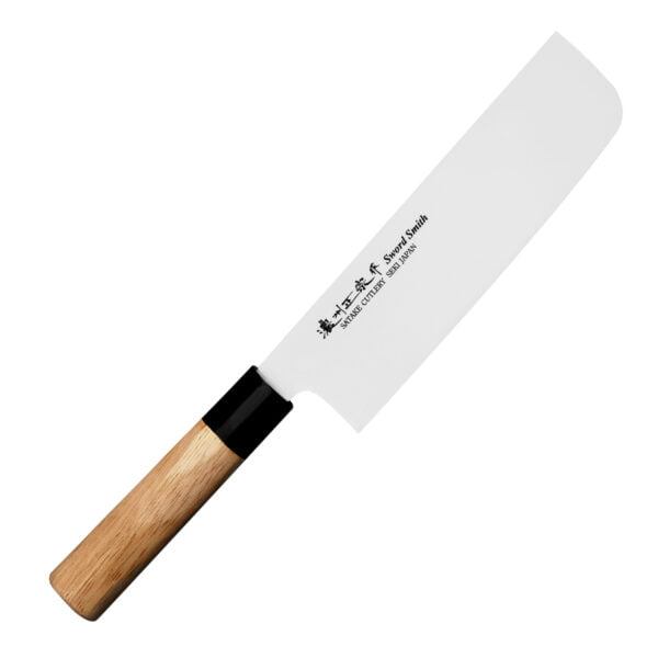 Satake Misaki Nóż Nakiri 16 cm Satake Misaki Nóż Nakiri 16 cm
Specjalistyczny japoński nóż przeznaczony do cięcia ziół i warzyw. Dzięki prostokątnej klindze można szybko przenieść pokrojone składniki do salaterki lub na patelnię. Doświadczony kucharz za pomocą cienkiego noża Nakiri potrafi uzyskać ozdobne, półprzezroczyste plastry (metoda katsura-muki). Prosta krawędź tnąca służy do krojenia w linii pionowej i pozwala zastosować wiele różnych technik, takich jak julienne czy chiffonade.
Dane techniczne:
Ostrze - stal molibdenowo-wanadowaRękojeść - drewno kauczukoweTwardość - 56-58 HRCDługość całkowita - 24,5 cmDługość ostrza - 13,5 cmSzerokość klingi - 3 cmGrubość klingi - ok. 2 mmSposób ostrzenia - szlif dwustronny symetrycznyWaga - ok. 85 g