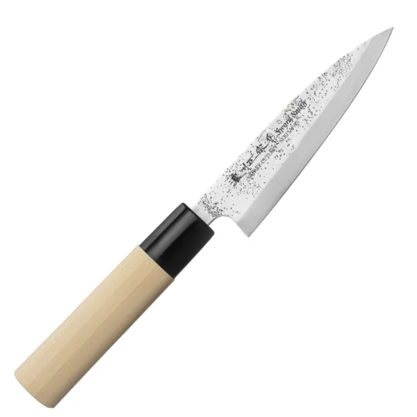 Satake Nashiji Natural Nóż uniwersalny 12cm Satake Nashiji Natural Nóż kuchenny uniwersalny 12 cm
Wszechstronny nóż kuchenny, który służy do krojenia produktów małej i średniej wielkości, a w razie potrzeby także do obierania warzyw i owoców. Doskonale sprawdza się podczas szatkowania czosnku, krojenia pomidorów lub dzielenia małych kanapek. Z powodzeniem zastępuje nóż szefa kuchni, w przypadku gdy długi nóż okazuje się nieporęczny.
Dane techniczne:
Ostrze - stal molibdenowo-wanadowaRękojeść - drewno magnolii pierścień z tworzywaTwardość - 56-58 HRCDługość całkowita - 23,5 cmDługość ostrza - 12 cmSzerokość klingi - 3 cmGrubość klingi - ok. 2 mmSposób ostrzenia - szlif dwustronny symetrycznyWaga - ok. 52 g