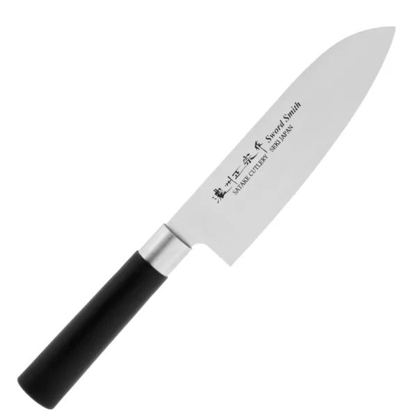 Satake Saku Nóż Santoku 17 cm Satake Saku Nóż Santoku 17 cm
Wszechstronny japoński nóż kuchenny, przeznaczony do krojenia warzyw, owoców, mięsa i ryb. Szeroka klinga ułatwia przenoszenie pokrojonych produktów do salaterki lub na patelnię i przydaje się też do rozgniatania czosnku. Wysoko umieszczona rękojeść zapobiega uderzaniu kłykciami o deskę. Dzięki sporym gabarytom nóż doskonale się nadaje do krojenia dużych owoców i warzyw, takich jak arbuz, cukinia czy kapusta.
Dane techniczne:
Ostrze - stal molibdenowa wanadowaRękojeść - polipropylenTwardość - 56-58 HRCDługość całkowita - 30,0 cmDługość ostrza - 17 cmSzerokość klingi - 4,4 cmGrubość klingi - 1,3 mmSposób ostrzenia - dwustronnyWaga - ok. 104 g