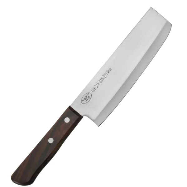 Satake Tomoko 420J2 Nóż Nakiri 16cm Satake Tomoko Nóż Nakiri 16 cm
Specjalistyczny japoński nóż przeznaczony do cięcia ziół i warzyw. Dzięki prostokątnej klindze można szybko przenieść pokrojone składniki do salaterki lub na patelnię. Doświadczony kucharz za pomocą cienkiego noża Nakiri potrafi uzyskać ozdobne, półprzezroczyste plastry (metoda katsura-muki). Prosta krawędź tnąca służy do krojenia w linii pionowej i pozwala zastosować wiele różnych technik, takich jak julienne czy chiffonade.
Dane techniczne:
Ostrze - stal 420J2Rękojeść - drewno naturalneTwardość - 56 HRC +/- 1Długość całkowita - 28,5 cmDługość ostrza - 16 cmSzerokość klingi - 5 cmGrubość klingi - ok. 1,5 mmSposób ostrzenia - szlif dwustronny symetrycznyWaga - ok. 97 g