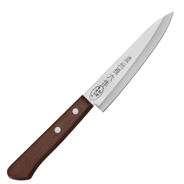 Satake Tomoko 420J2 Nóż uniwersalny 15cm Satake Tomoko Nóż uniwersalny 15 cm
Wszechstronny nóż kuchenny, który służy do krojenia produktów małej i średniej wielkości, a w razie potrzeby także do obierania warzyw i owoców. Doskonale się sprawdza podczas szatkowania czosnku, krojenia pomidorów lub dzielenia małych kanapek. Z powodzeniem zastępuje nóż szefa kuchni, w przypadku gdy długi nóż okazuje się nieporęczny.
Dane techniczne:
Ostrze - stal 420J2Rękojeść - drewno naturalneTwardość - 56 HRC +/- 1Długość całkowita - 26 cmDługość ostrza - 15 cmSzerokość klingi - 2,6 cmGrubość klingi - ok. 1,5 mmSposób ostrzenia - szlif dwustronny symetrycznyWaga - ok. 110 g