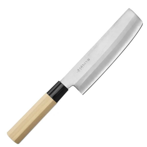 Satake Yoshimitsu Rdzewny Nóż Usuba 16cm Satake Yoshimitsu Rdzewny Nóż kuchenny Usuba 16 cm
Specjalistyczny japoński nóż przeznaczony do cięcia ziół i warzyw. Dzięki prostokątnej klindze można szybko przenieść pokrojone składniki do salaterki lub na patelnię. Doświadczony kucharz potrafi uzyskać ozdobne, półprzezroczyste plastry (metoda katsura-muki). Prosta krawędź tnąca służy do krojenia w linii pionowej i pozwala zastosować wiele różnych technik, takich jak julienne czy chiffonade.
Dane techniczne:
Ostrze - Rdzewna stal SK-5Rękojeść - drewno magnolii pierścień z tworzywaTwardość - 62 HRC +/- 1Długość całkowita - 33,8 cmDługość ostrza - 16 cmSzerokość klingi - 4,6 cmGrubość klingi - ok. 2,1 mmSposób ostrzenia: szlif jednostronny praworęcznyWaga - ok. 105 g