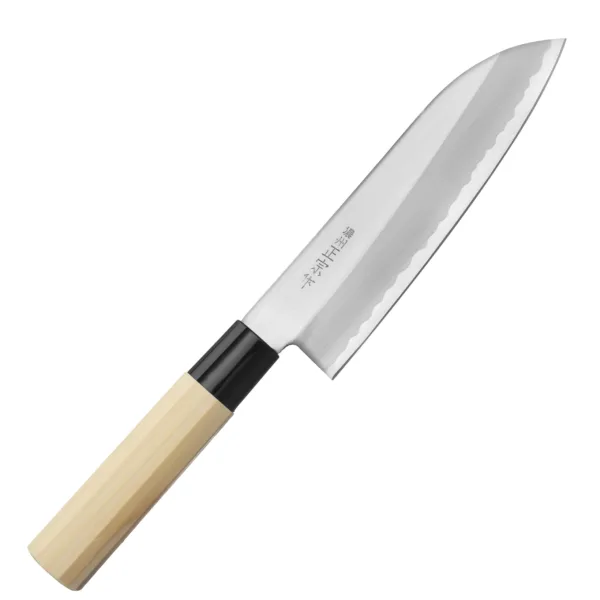 Satake Yoshimitsu Rdzewny Nóż Santoku 17cm Satake Yoshimitsu Rdzewny Nóż kuchenny Santoku 17 cm
Wszechstronny japoński nóż kuchenny, przeznaczony do krojenia warzyw, owoców, mięsa i ryb. Szeroka klinga ułatwia przenoszenie pokrojonych produktów do salaterki lub na patelnię i przydaje się też do rozgniatania czosnku. Wysoko umieszczona rękojeść zapobiega uderzaniu kłykciami o deskę. Dzięki sporym gabarytom nóż doskonale się nadaje do krojenia dużych owoców i warzyw, takich jak arbuz, cukinia czy kapusta.
Dane techniczne:
Ostrze - Rdzewna stal SK-5Rękojeść - drewno magnolii pierścień z tworzywaTwardość - 62 HRC +/- 1Długość całkowita - 30 cmDługość ostrza - 17 cmSzerokość klingi - 4,5 cmGrubość klingi - ok. 2,3 mmSposób ostrzenia: szlif dwustronny symetrycznyWaga - ok. 110 g