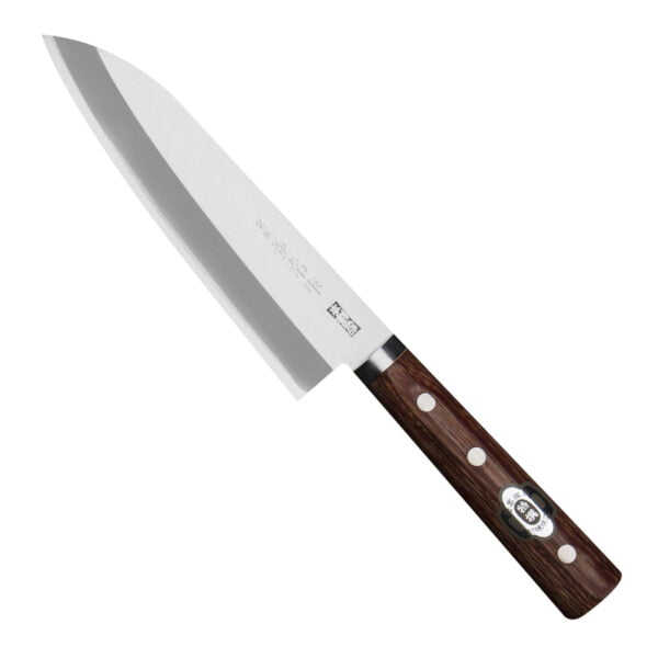 Kanetsune 2000 Shiro-2/SS Nóż Santoku 16,5 cm Kanetsune 2000 Shiro-2/SS Nóż Santoku 16,5 cm
Wszechstronny japoński nóż kuchenny, przeznaczony do krojenia warzyw, owoców, mięsa i ryb. Szeroka klinga ułatwia przenoszenie pokrojonych produktów do salaterki lub na patelnię i przydaje się też do rozgniatania czosnku. Santoku, który łączy w sobie funkcje noża szefa kuchni i japońskiego noża do warzyw Nakiri, ma wysoko umieszczoną rękojeść, która zapobiega uderzaniu kłykciami o deskę.
Dane techniczne:
Ostrze - stal rdzewna Shiro-2 okuty stalą nierdzewną SUS410Rękojeść - drewno pakkaTwardość - 61-64 HRCDługość całkowita - 29,0 cmDługość ostrza - 16,5 cmSzerokość klingi - 4,4 cmGrubość klingi - 1,8 mmSposób ostrzenia - szlif dwustronny symetrycznyWaga - ok. 156 g