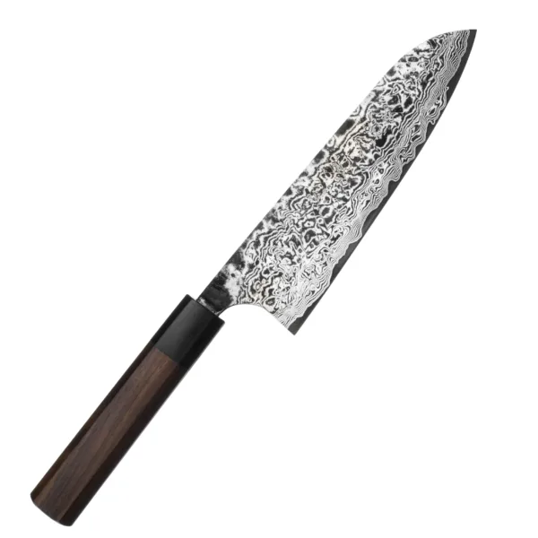 Takeshi Saji RW Ręcznie kuty nóż Santoku 18cm R-2 Takeshi Saji RW Ręcznie kuty nóż Santoku 18 cm R-2
Japoński nóż kuchenny, przeznaczony do krojenia warzyw, mięsa i ryb. Posiada obniżony czubek, który znacznie ułatwia szatkowanie, oraz szeroką klingę, na którą można zgarnąć pokrojone produkty, żeby je przenieść do salaterki lub na patelnię. Nóż Santoku doskonale się sprawdza w każdych warunkach pracy, ponieważ dzięki wysoko położonej rękojeści palce nie dotykają deski ani jedzenia.
Dane techniczne:
Ostrze - 61 warstwowa rdzeń stal proszkowa R-2Twardość - 63 HRC +/- 1Długość całkowita - 30,2 cmDługość ostrza - 18 cmSzerokość klingi - 5 cmGrubość klingi - ok. 2,4 mmWaga - ok. 125 g