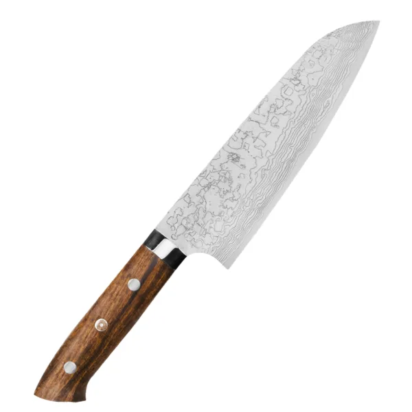 Takeshi Saji R-2 Diamond Nóż Santoku 18cm Takeshi Saji R2 Diamond Nóż Santoku 18cm
Wszechstronny japoński nóż kuchenny, przeznaczony do krojenia warzyw, mięsa i ryb. Posiada szeroką klingę, na którą można zgarnąć pokrojone produkty, żeby je przenieść do salaterki lub na patelnię. Dzięki sporym gabarytom nóż doskonale się nadaje do krojenia dużych owoców i warzyw, takich jak arbuz, cukinia czy kapusta.
Dane techniczne:
Ostrze - stal 61 warstwowa rdzeń R-2Rękojeść - drewno żelazneTwardość - 63 HRC +/- 1Długość całkowita - 30 cmDługość ostrza - 18 cmSzerokość klingi - 5,8 cmGrubość klingi - 1,9 mmSposób ostrzenia - szlif dwustronny symetrycznyWaga - ok. 223 g