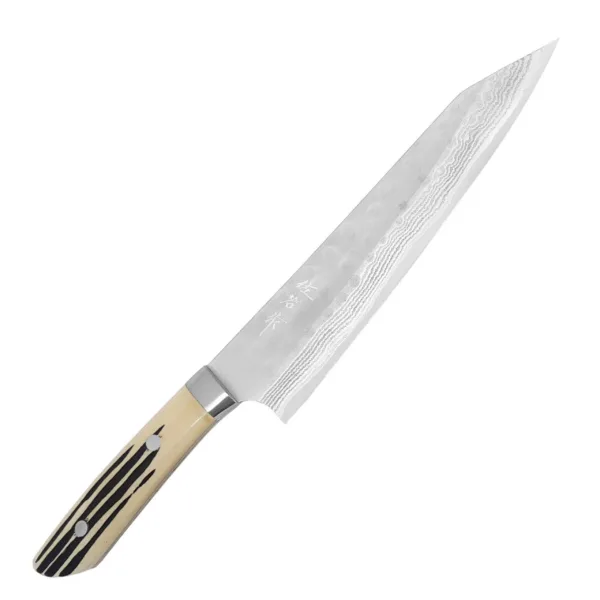 Takeshi Saji SRS-13 Jeleni róg Ręcznie kuty nóż Szefa 21 cm Takeshi Saji SRS-13 Jeleni róg Ręcznie kuty nóż Szefa 21 cm
Najbardziej wszechstronny nóż kuchenny, przeznaczony do krojenia, siekania, szatkowania i plastrowania rozmaitych produktów. We wprawnych rękach nóż szefa kuchni poradzi sobie nawet z porcjowaniem drobiu, usuwaniem kości z mięsa czy filetowaniem ryb. Średniej długości ostrze pozwala kroić większe płaszczyzny i gwarantuje pełną kontrolę nad nożem.
Dane techniczne:
Ostrze - szybkotnąca stal proszkowa SRS-13Rękojeść - róg jeleniTwardość - 64 HRC +/- 1Długość całkowita - 34,0 cmDługość ostrza - 21 cmSzerokość klingi - 4,8 cmGrubość klingi - ok. 2,0 mmSposób ostrzenia - szlif dwustronny symetrycznyWaga - ok. 215 g