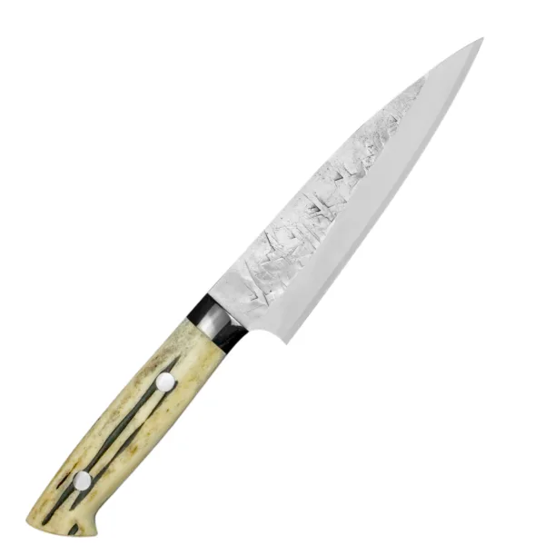 Takeshi SRS-13 Róg Jeleni Nóż uniwersalny 13cm Takeshi SRS-13 Róg Jeleni Nóż uniwersalny 13cm
Poręczny nóż kuchenny, bardzo praktyczny przy produktach małej i średniej wielkości, takich jak rzodkiewka czy cytryna. Doskonale się sprawdza podczas cięcia marchewki "w kostkę", krojenia oliwek lub małego pieczywa. Idealny dla tych, którzy nie lubią dużych noży.
Dane techniczne:
Ostrze - szybkotnąca stal proszkowa SRS-13Rękojeść - róg jeleniTwardość - 64 HRC +/- 1Długość całkowita - 24,5 cmDługość ostrza - 13 cmSzerokość klingi - 3,3 cmGrubość klingi - ok. 2,0 mmSposób ostrzenia - szlif dwustronny symetrycznyWaga - ok. 140 g