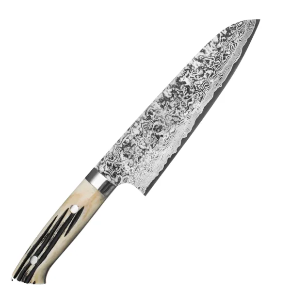 Takeshi Saji WBB Ręcznie kuty nóż Santoku 18cm R-2 Takeshi Saji WBB Ręcznie kuty nóż kuchenny Santoku 18 cm R-2
Japoński nóż kuchenny, przeznaczony do krojenia warzyw, mięsa i ryb. Posiada obniżony czubek, który znacznie ułatwia szatkowanie, oraz szeroką klingę, na którą można zgarnąć pokrojone produkty, żeby je przenieść do salaterki lub na patelnię. Nóż Santoku doskonale się sprawdza w każdych warunkach pracy, ponieważ dzięki wysoko położonej rękojeści palce nie dotykają deski ani jedzenia.
Dane techniczne:
Ostrze - stal 61 warstwowa rdzeń R2Rękojeść - kość byczaTwardość - 63 HRC +/- 1Długość całkowita - 30,1 cmDługość ostrza - 18 cmSzerokość klingi - 5 cmGrubość klingi - ok. 2,2 mmWaga - ok. 205 g