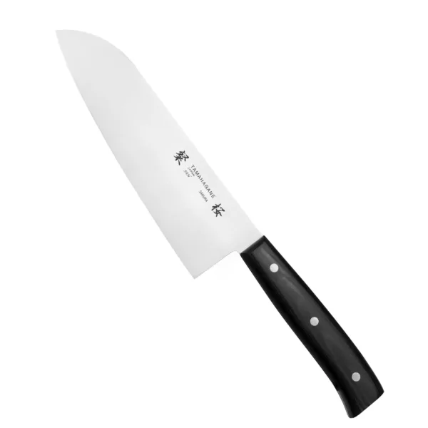 Tamahagane Sakura AUS-6A Nóż Santoku 17,5cm Tamahagane Sakura AUS-6A Nóż Santoku 17,5 cm
Japoński nóż o wszechstronnym zastosowaniu, przeznaczony głównie do mięsa, warzyw i ryb. Ponieważ posiada cienkie ostrze,znakomicie się też sprawdzi przy krojeniu chleba, plastrowaniu owoców czy siekaniu ziół. Duża klinga ułatwia przenoszenie pokrojonych produktów do salaterki lub na patelnię.
Dane techniczne:
Ostrze - stal AUS-6ARękojeść - czarna micartaTwardość - 58 HRC +/- 1Długość całkowita - 29,4 cmDługość ostrza - 17,5 cmSzerokość klingi - 4,9 cmGrubość klingi - 1,7 mmSposób ostrzenia - szlif dwustronny symetrycznyWaga - ok. 163 g