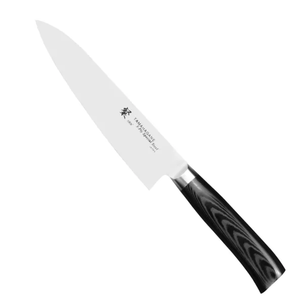 Tamahagane SAN Black VG-5 Nóż Szefa 18cm Tamahagane SAN Black VG-5 Nóż Szefa 18 cm
Najbardziej wszechstronny nóż kuchenny, przeznaczony do cięcia, krojenia, szatkowania i plastrowania rozmaitych produktów. Nóż szefa kuchni jest wystarczająco długi, aby można było nim kroić naprawdę duże płaszczyzny, i odpowiednio wyprofilowany, aby zagwarantować użytkownikowi komfort i swobodę ruchów.
Dane techniczne:
Ostrze - rdzeń VG-5 okuty stalą nierdzewną SUS410Rękojeść - czarna micartaTwardość - 61 HRC +/- 1Długość całkowita - 31,2 cmDługość ostrza - 18,0 cmSzerokość klingi - 4,2 cmGrubość klingi - 1,8 mmSposób ostrzenia - szlif dwustronny symetrycznyWaga - ok. 175 g